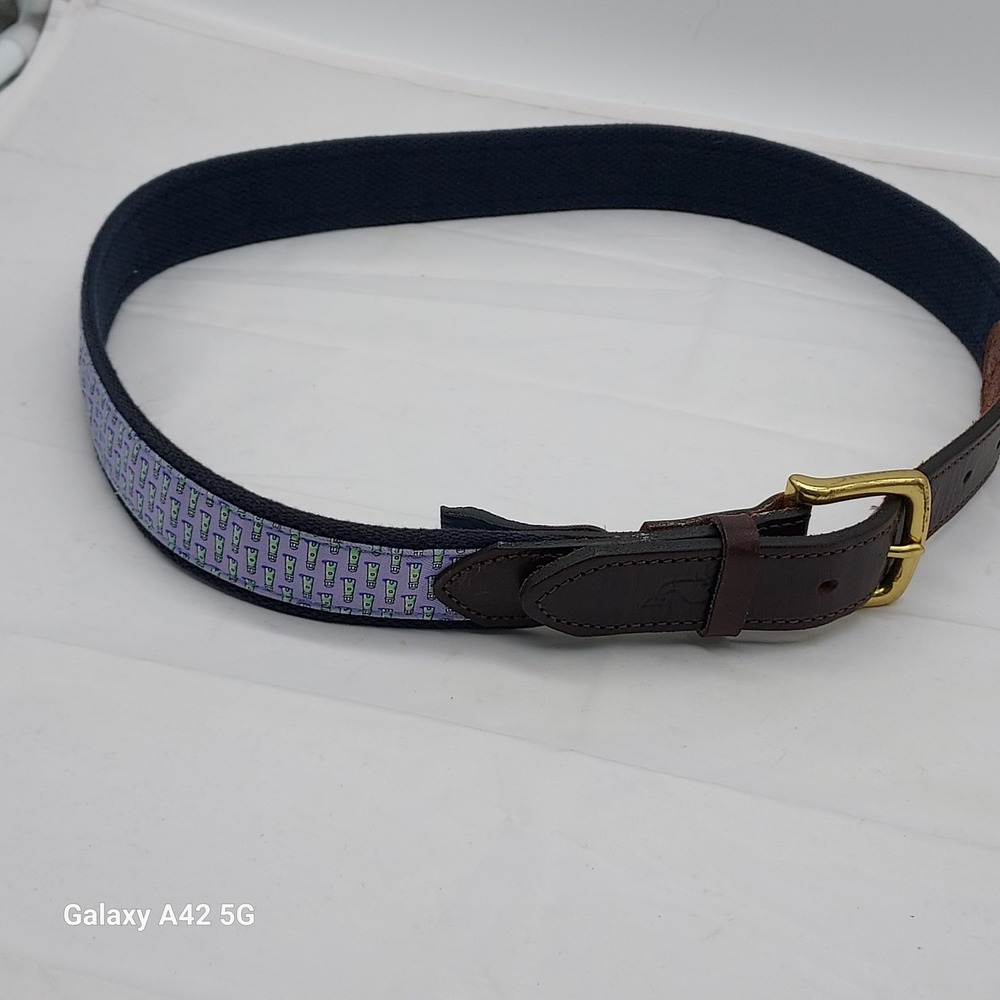 Vineyard Vines Mens Canvas Club Belt 34 Sunscreen Print Lavender Leather USA